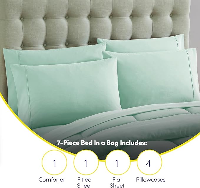 Sweet Home Collection 7 Piece Comforter Set Bag Solid Color All Season Soft Down Alternative Blanket & Luxurious Microfiber Bed Sheets, Mint, Queen