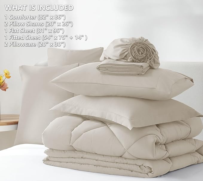 CozyLux Full Size Comforter Sets Beige - 7 Pieces Bed in a Bag Full, Luxury Soft Bed Set for All Seasons, Bedding Set with Down Alternative Comforter, Sheets, Pillowcases & Shams