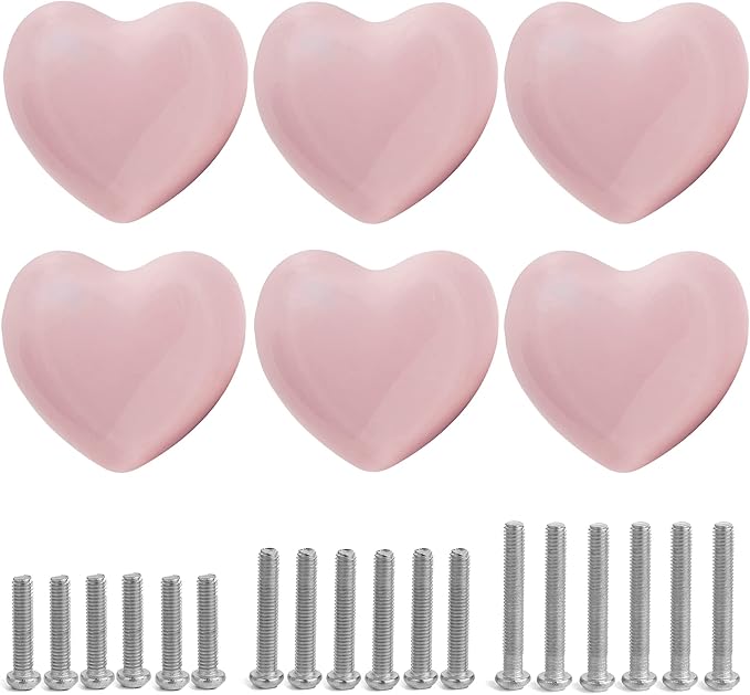 Ceramic Drawer Knobs Heart Shape Cabinet Dresser Pulls Handles with 3 Sized Screws, Kitchen Furniture Knobs for Closet Cupboard Wardrobe (6, Powder Pink)