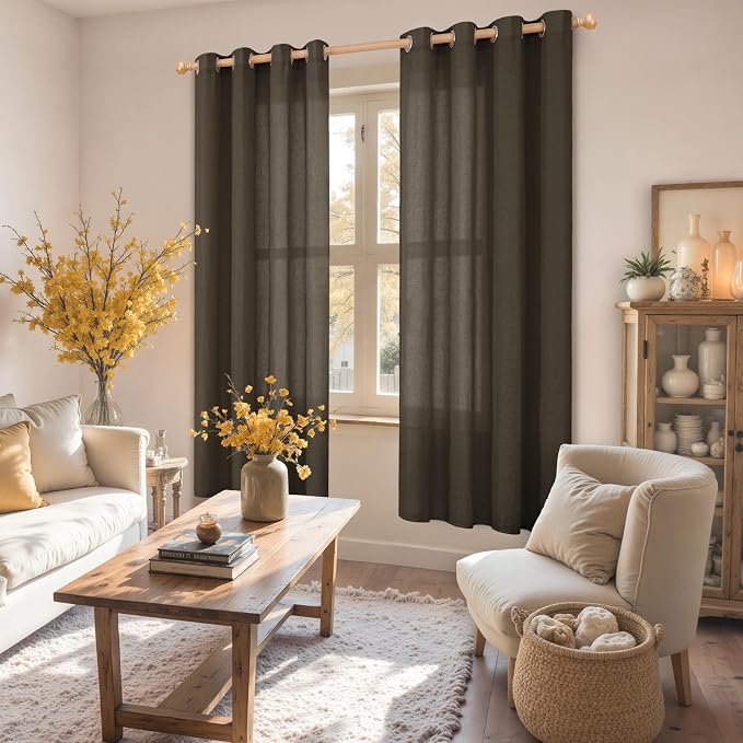 YoungsTex Brown Linen Semi Sheer Curtains 72 Inch Length - Image 2