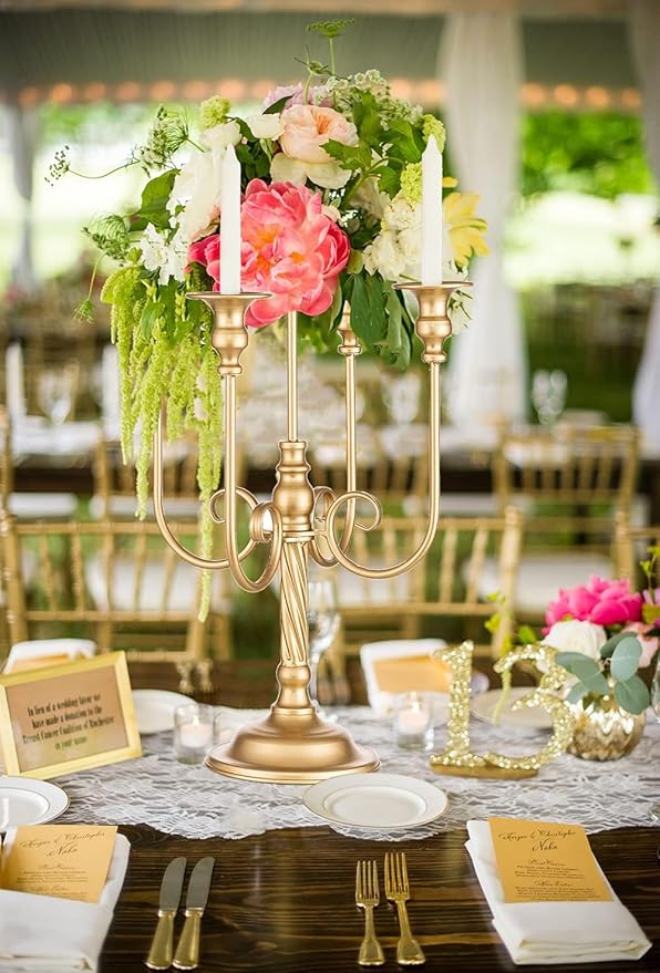 Metal Candelabra Gold Candle Stand 20in Tall, 5-Candle Candlestick Holder for Taper Candles, Candle Holder for Wedding Centerpiece Christmas Valentine Holiday Party Event Reception Decor, 2Pcs