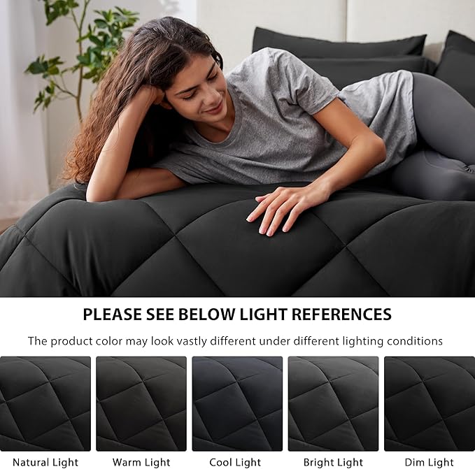 Love's cabin California King Comforter Set Black, 7 Pieces California King Bed in a Bag, All Season Bedding Sets with 1 Comforter, 1 Flat Sheet, 1 Fitted Sheet, 2 Pillowcase and 2 Pillow Sham