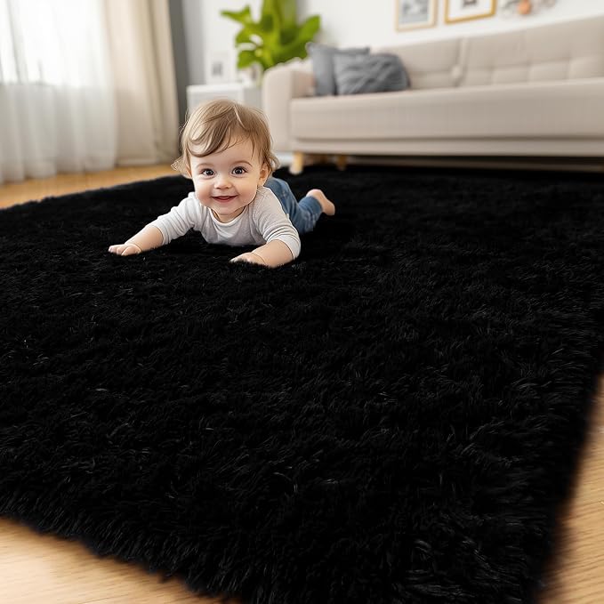 Amdrebio Black Furry Large Area Rug 8x10 - Image 8