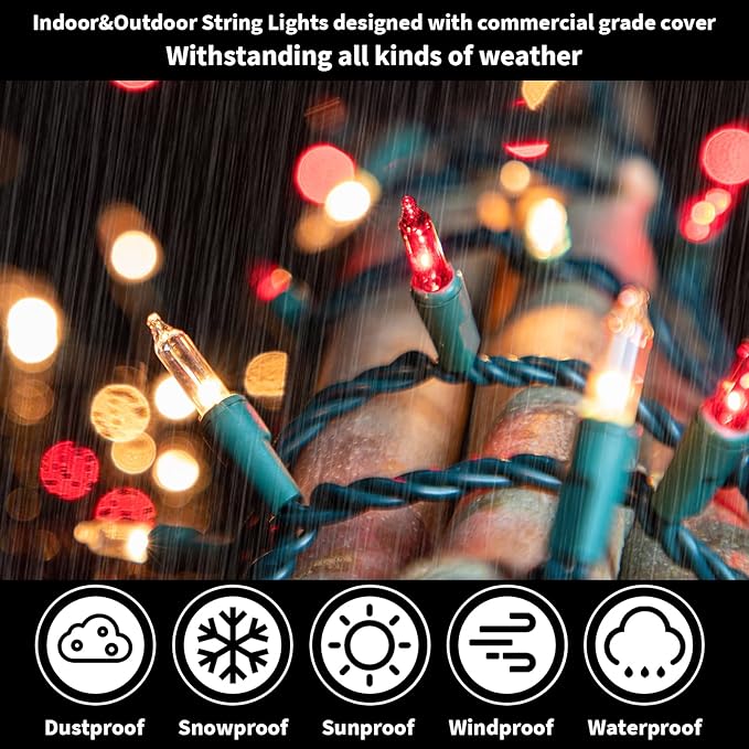 LAMPHOME Super-Bright Extendable Red Christmas Lights Decoration 100Lights 19.6ft UL Certified Mini Bulb String Lights for Outdoor Christmas Tree Garden Party Patio Wedding Garland Decor(Red+Clear)