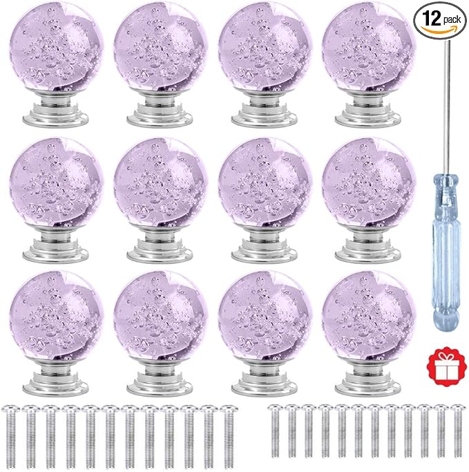 12 Pcs 30mm Round Shape Bubble Crystal Glass Cabinet Knobs with Screws Drawer Knob Pull Handle Used for Kitchen, Dresser, Door, Cupboard (Lavender)