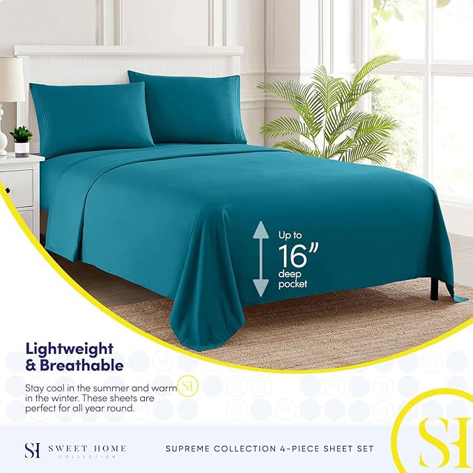 Twin XL Sheets - Breathable Luxury Sheets with Full Elastic & Secure Corner Straps Built In - 1800 Supreme Collection Extra Soft Deep Pocket Bedding Set, Sheet Set, Twin XL, Teal