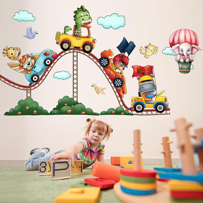 Amusement Park Animal Wall Stickers Car Wall Decals Kid Room Nursery Baby Bedroom Décor (Roller Coaster Animals)