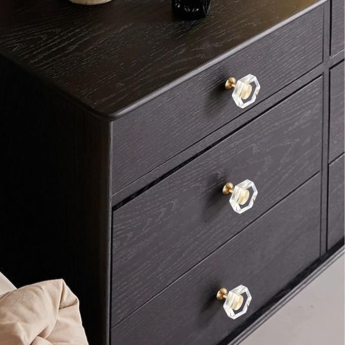 24-Pack Brass Base Crystal Drawer Knobs,Glass Crystal Gold Cabinet Knobs,1-5/16-Inch Hexagon,Kitchen Hardware Pulls, Modern Bathroom Hardware knob