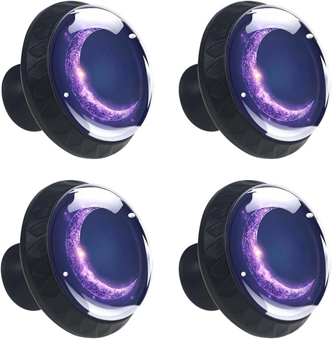 4 Pack 1.37" Dresser Drawer Knobs, Round Crystal Glass Cabinet Pulls with Screws for Kitchen, Bathroom, Nursery Nursery Kids Room (Purple Moon Symbol)