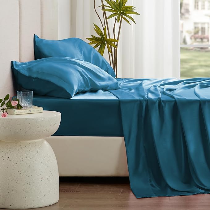 Love's cabin Satin Queen Sheets Set - 4 Piece Teal Silky Bed Sheets with Deep Pocket, Luxury Silk Feel Satin Queen Size Sheet Set (1 Flat Sheet,1 Fitted Sheet,2 Pillow Cases)