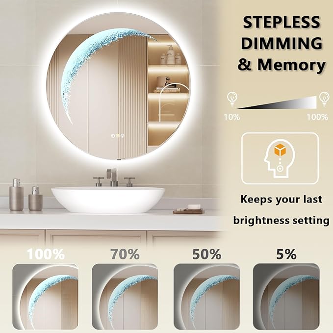 28'' Round Bathroom Mirror with Light, Frameless Circle Mirror with Backlit & Half Moonlight, Anti-Fog, Tempered Glass, Dimming LED Vanity Mirrors for Oversink, Bedroom, Wall Decor, Entryway