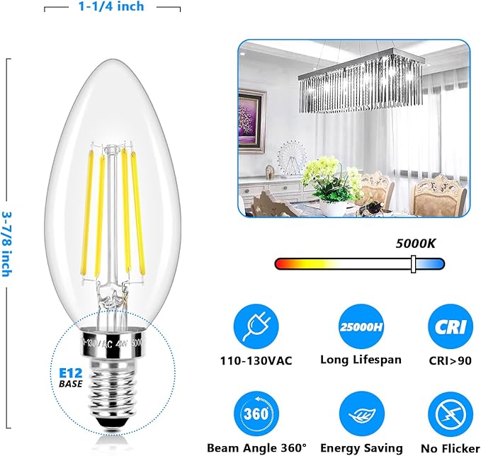 LED Candle Bulbs 40W Equivalent Dimmable, E12 Candelabra Light Bulbs 4W 470Lm Clear Edison LED Bulb, Daylight White 5000K B11 Classic Bright Filament Bulb, Decorative Lights for Lamps, Pack of 5