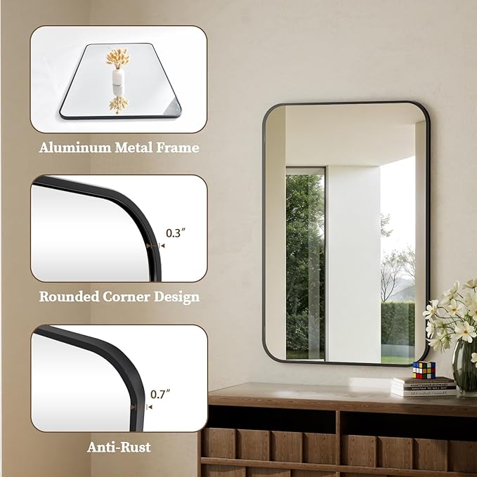 BEAUTYPEAK Black Rectangular Bathroom Mirror - 30" x 48" Wall Mounted Aluminum Alloy Frame Mirror with Rounded Corners for Bedroom Living Room, Horizontal or Vertical