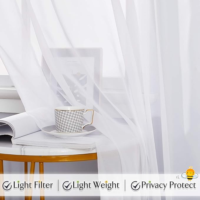 RYB HOME White Sheer Curtains for Canopy Bed, 2 Panels Wedding Arch Draping Fabric Window Scarf Table Runner Indoor Outdoor Curtains for Backdrop Events Decor, Wide 60 in x Long 216 in per Panel