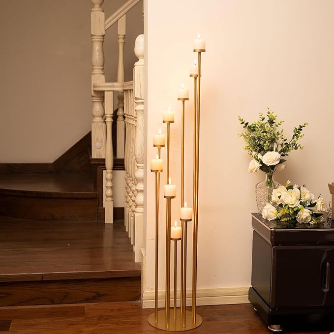 4pcs 9 Arm Candelabra, Floor Candle Holders Tall Set for Wedding Aisle Decoration,Gold Candelabras for Fireplace,Candle Stand Fit for Flameless or Wax