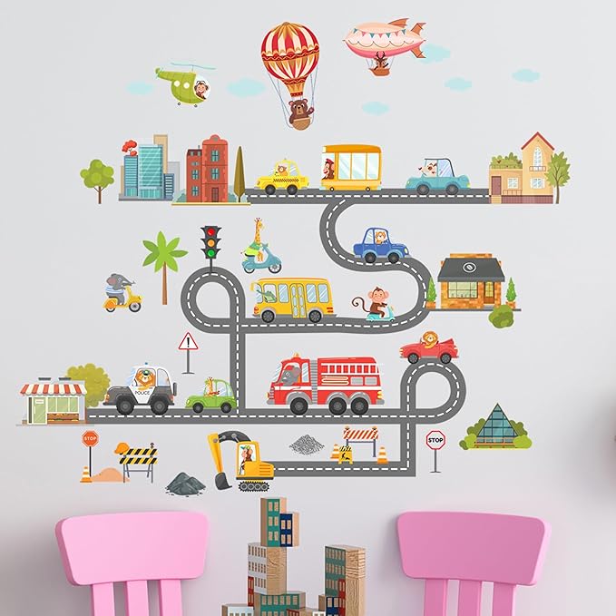 Jungle Animal Wall Stickers Forest Safari Wall Decals Kid Room Nursery Baby Bedroom Décor (Cartoon Animal Traffic)