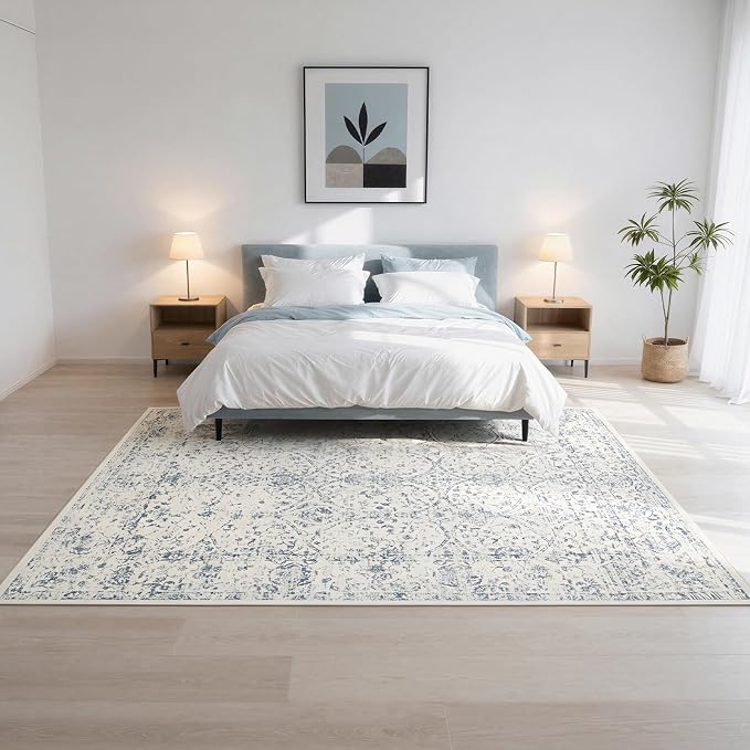 8x10 Boho Washable Area Rug for Living Room, Dining Room-White Blue | Ultra - Image 8