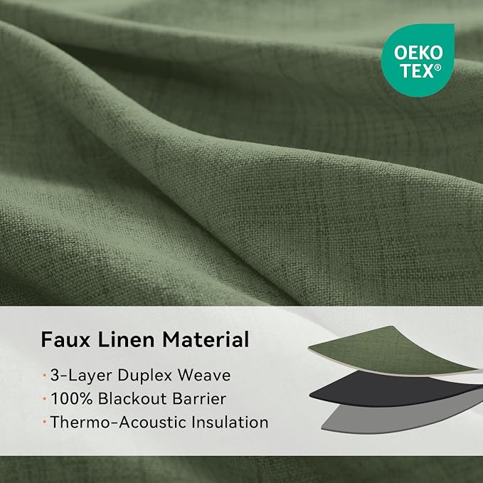 100% Blackout Linen Textured Curtains 90 Inch Long, Olive Green | 100% Blackout - Image 4