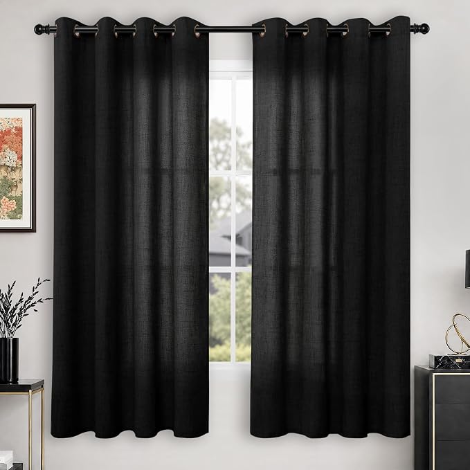 YoungsTex Black Linen Semi Sheer Curtains 63 Inch Length 2 Panels | Bronze by YoungsTex