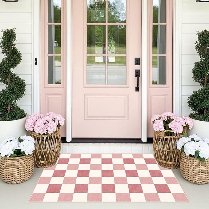 Pink White Checkered Rug - Image 9