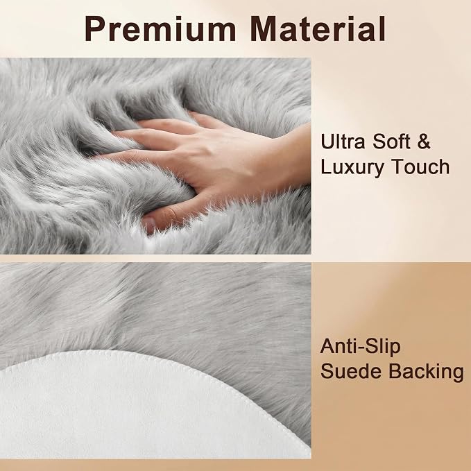 duduta Gray Faux Sheepskin Chair Seat Covers, Fluffy Shag Fur Throw Rugs Room - Image 3