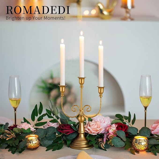 Romadedi Candelabra Gold Candle Holders - 3 Arm 11.8" Wedding Candlestick Holder for Theme Party Table Centerpiece Decor Dining Room Birthday Holiday Christmas