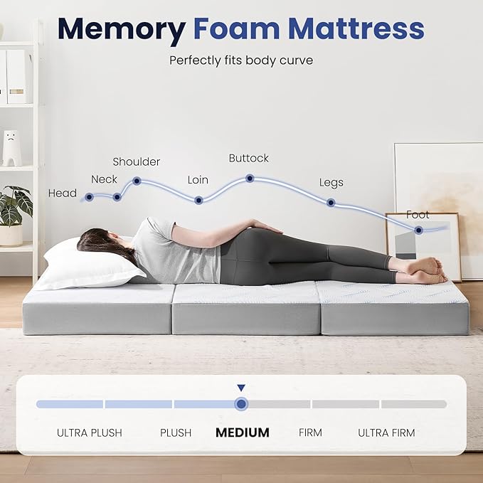 Foldable Mattress Cot 6 inch -Portable White Memory Foam Folding Matress with Washable Cover for Camping Travel Guest Room Home Use-Non-Slip&Easy Storage