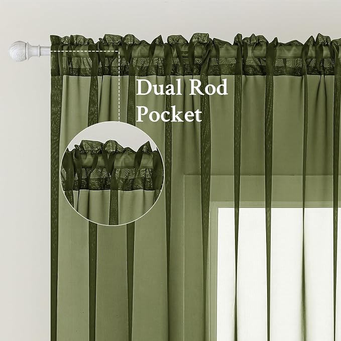 MIULEE Olive Green Sheer Curtains 54 X 96 Inches, 2 Panels | Solid Color - Image 2