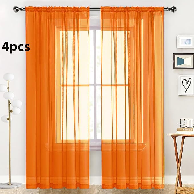 SpaceDresser Orange Sheer Curtains 4 Panels Rod Pocket Semi-Sheer Curtain 72 - Image 2