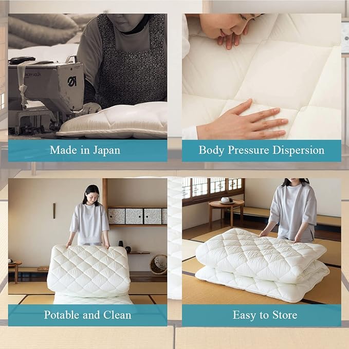 EMOOR Japanese Futon Mattress CLASSE & Fitted Sheet PRESSO Twin Made in Japan, Cotton (White) Foldable Floor Sleeping Bed Tatami Mat