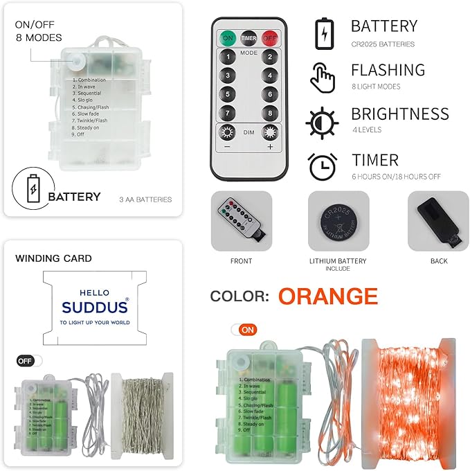 suddus Orange Halloween Fairy Lights Battery Operated, 66ft 200 LED Copper Wire Twinkle Lights Waterproof, String Lights with Remote for Bedroom, Party, Yard, Door, Garland, Tree Decorations