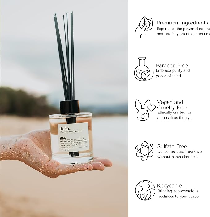 Duša Lemongrass Reed Diffuser & Sticks - 5 Fl Oz Essential Home Fragrance for Bathroom, Office & Living Spaces – Stylish & Long-Lasting Room Air Freshener - Ideal for Housewarming & Special Occasions