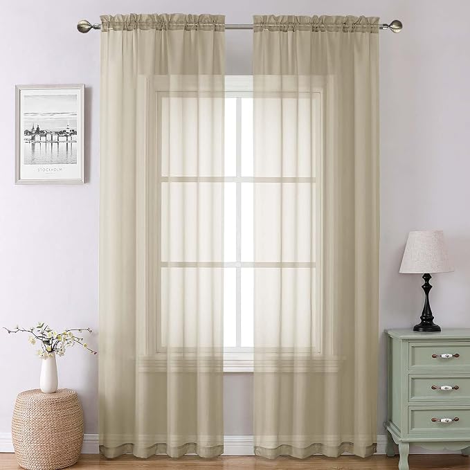 Taupe Sheer Curtains 90 Inches Long 2 Panels, Elegant Light Filtering Voile by Lecloud