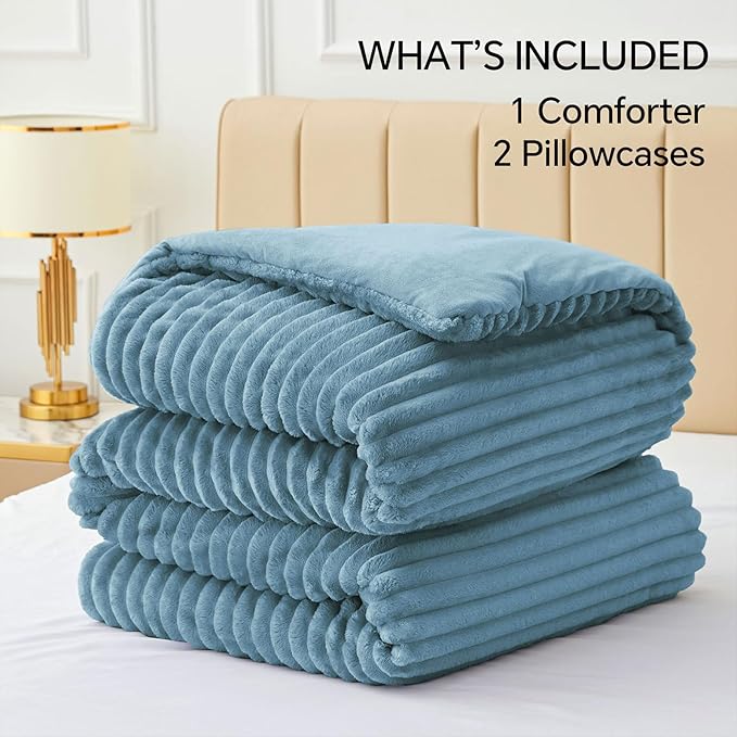 BEDELITE Fleece Queen Comforter Set -Super Soft & Warm Fluffy Blue Fog Bedding, Luxury Fuzzy Heavy Bed Set for Winter with 2 Pillow Cases