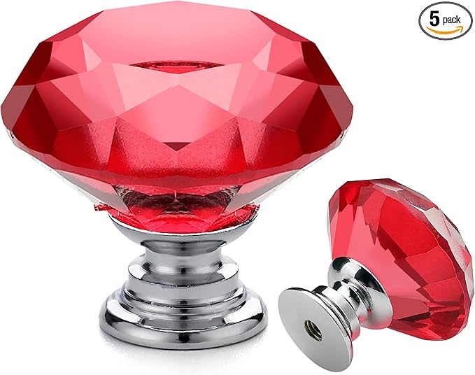 Ravinte 5 Pack Red Crystal Knobs for Dresser Drawers Glass Cabinet Knobs Diamond Shaped Drawer Knobs - 30 mm Knobs with Silver Base