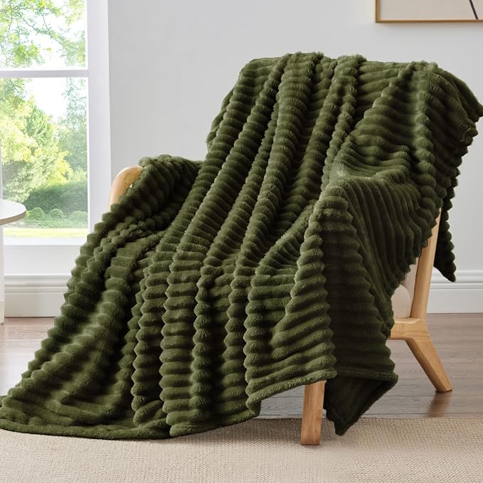 BEDELITE Striped Fleece Throw Blanket, Olive Green, Soft Cozy, Lightweight Warm by BEDELITE