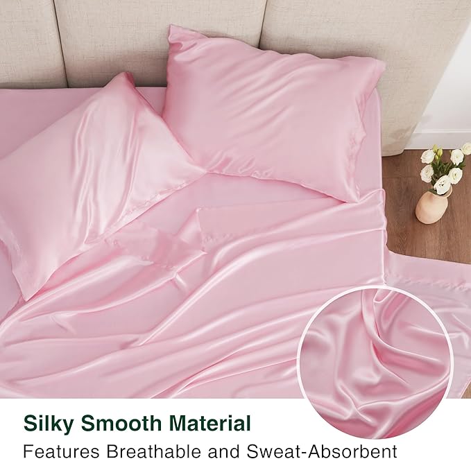 Love's cabin Satin King Sheet Sets - 4 Piece Pink Silky Sheets King Size Bed Set with Deep Pocket, Luxury Silk Feel King Size Satin Sheet Set (1 Flat Sheet,1 Fitted Sheet,2 Pillow Cases)