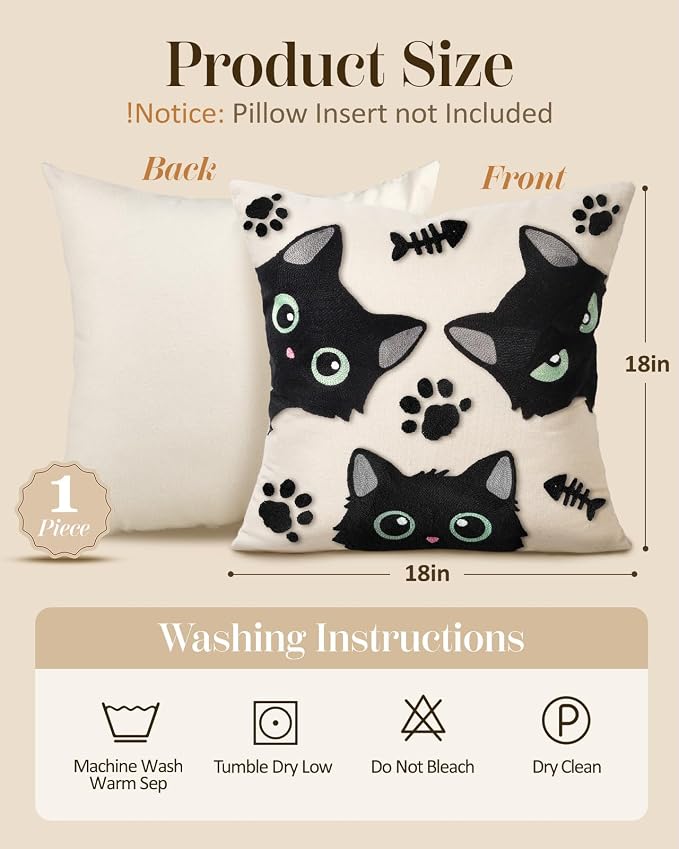 Embroidered Throw Pillow Cover 18x18 Inch, Cat Bone | Decorative Pillow Cover - Image 4