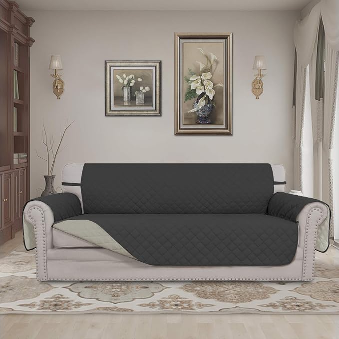 Easy-Going Reversible Couch Cover, 3 Cushion Sofa, Darkgray/Beige | Machine - Image 2