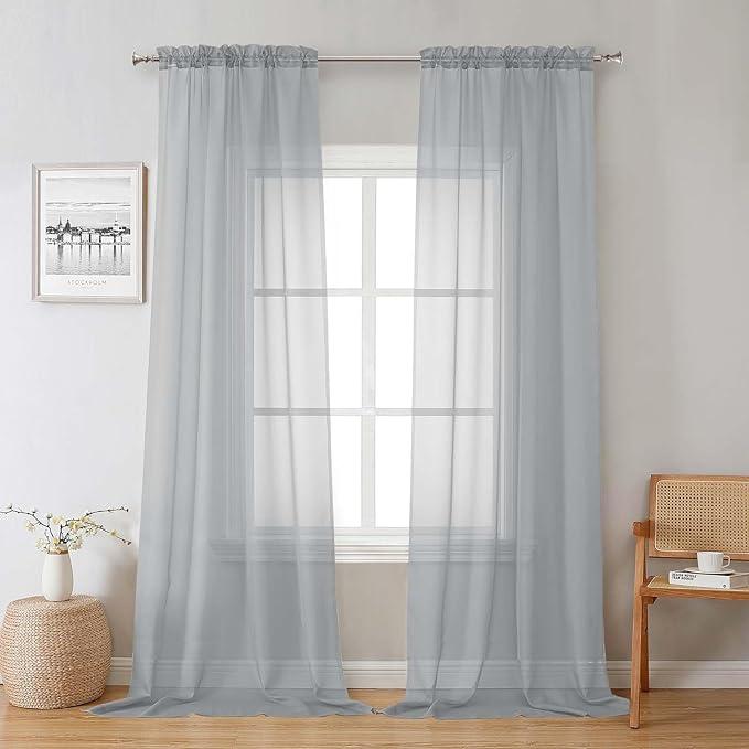 Light Grey Sheer Curtains 96 Inches Long 2 Panels, Light Filtering Voile Airy by Lecloud