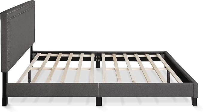 Furinno Laval Double Row Nail Head Upholstered Platform Bed Frame, Queen, Stone