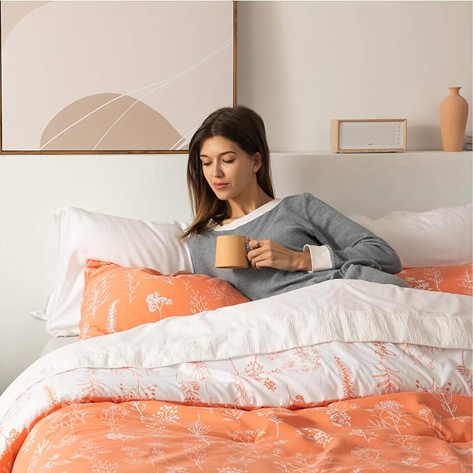 Bedsure King Comforter Set - Coral Orange Bed Set, 3 Pieces Cute Floral Bedding, 1 Soft Reversible Botanical Flowers Comforter and 2 Pillow Shams