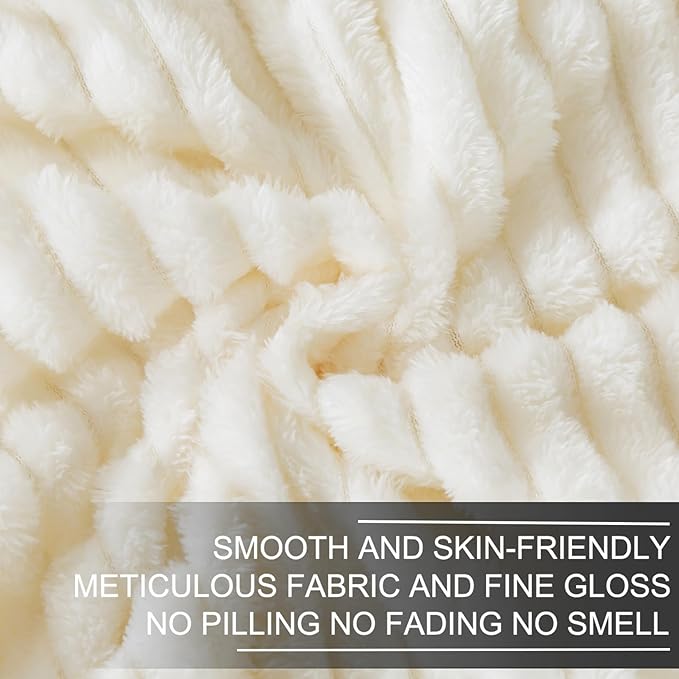 Richave Cuddly Blanket King Size,Premium Lightweight Anti-Static Fluffy Fleece Blanket with Striped Pattern for King Calking Bed, 90x108 Inches,Cream