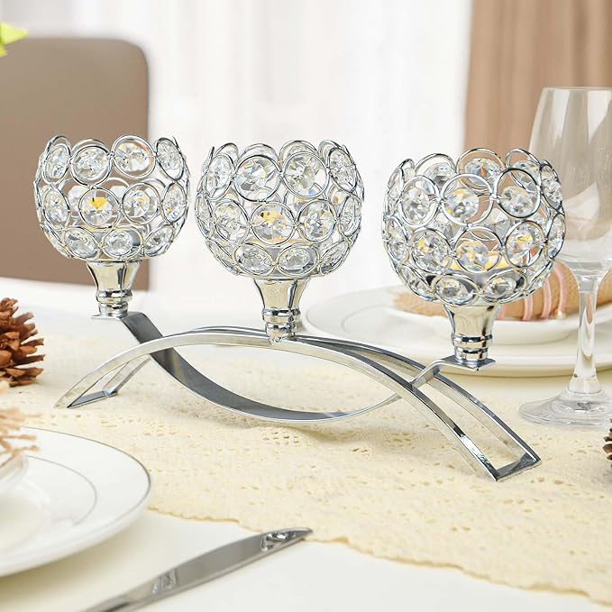 Crystal Tealight Candle Holder Centerpiece Home Decorative Candlestick Holder Elegant Table Centerpiece Home Decor Wedding Party Anniversary (Silver, 3 Arm)