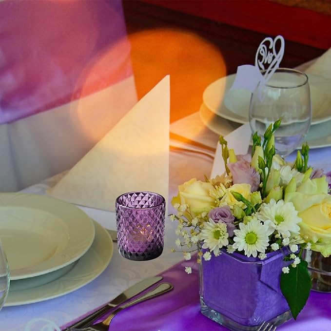 Woho 12pcs Purple Votive Candle Holders, Glass Tealight Candle Holder for Vintage Halloween Party Decor, Tea Lights Candle Holder for Wedding Engagement Table Centerpiece