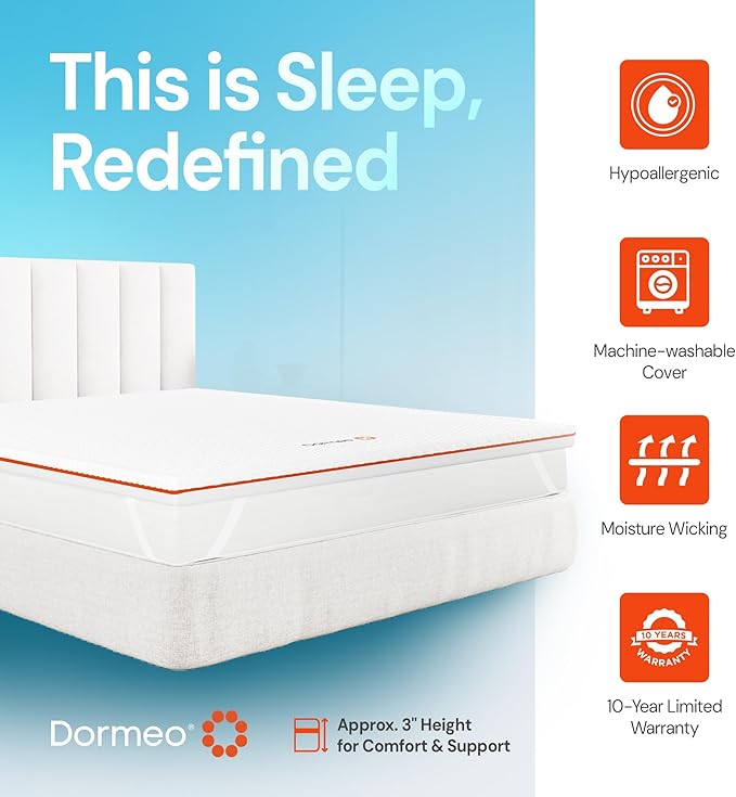 Dormeo Premium Queen Cooling Mattress Topper - 3-Zone OctaspringⓇ Technology for Optimal Back Support, Anti-Slip Bottom