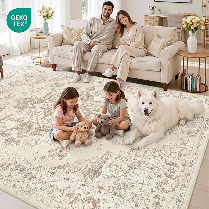 3x5 Area Rugs Living Room: Bedroom Washable Carpet Beige/Ivory | Vintage Boho - Image 8