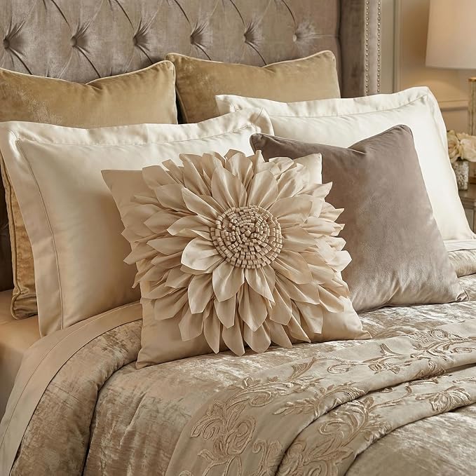 Beige Taupe Accent Flower Decorative Throw Pillow Covers - Image 5