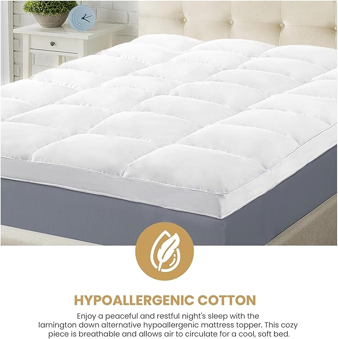 Superior Mattress Topper, Down Alternative, 2 Inch Deep Sized Bed Pillow Top, Comfort Pad, Fluffy Mattress-Topper Protector, Plush Cooling Extra Soft, Hotel Quality, Sleep, All-Season, King, White