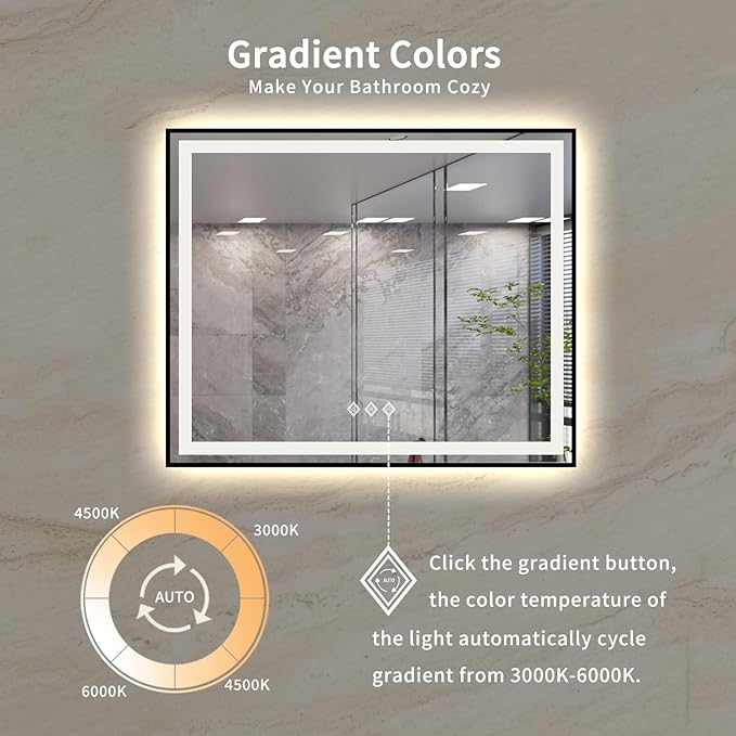 Bathroom Mirror Frame, 48x40 Inch Black Framed Gradient Front and Backlit LED Bathroom Mirror, 3 Colors Dimmable CRI>90, IP54 Enhanced Anti-Fog Wall Mounted LED Mirror